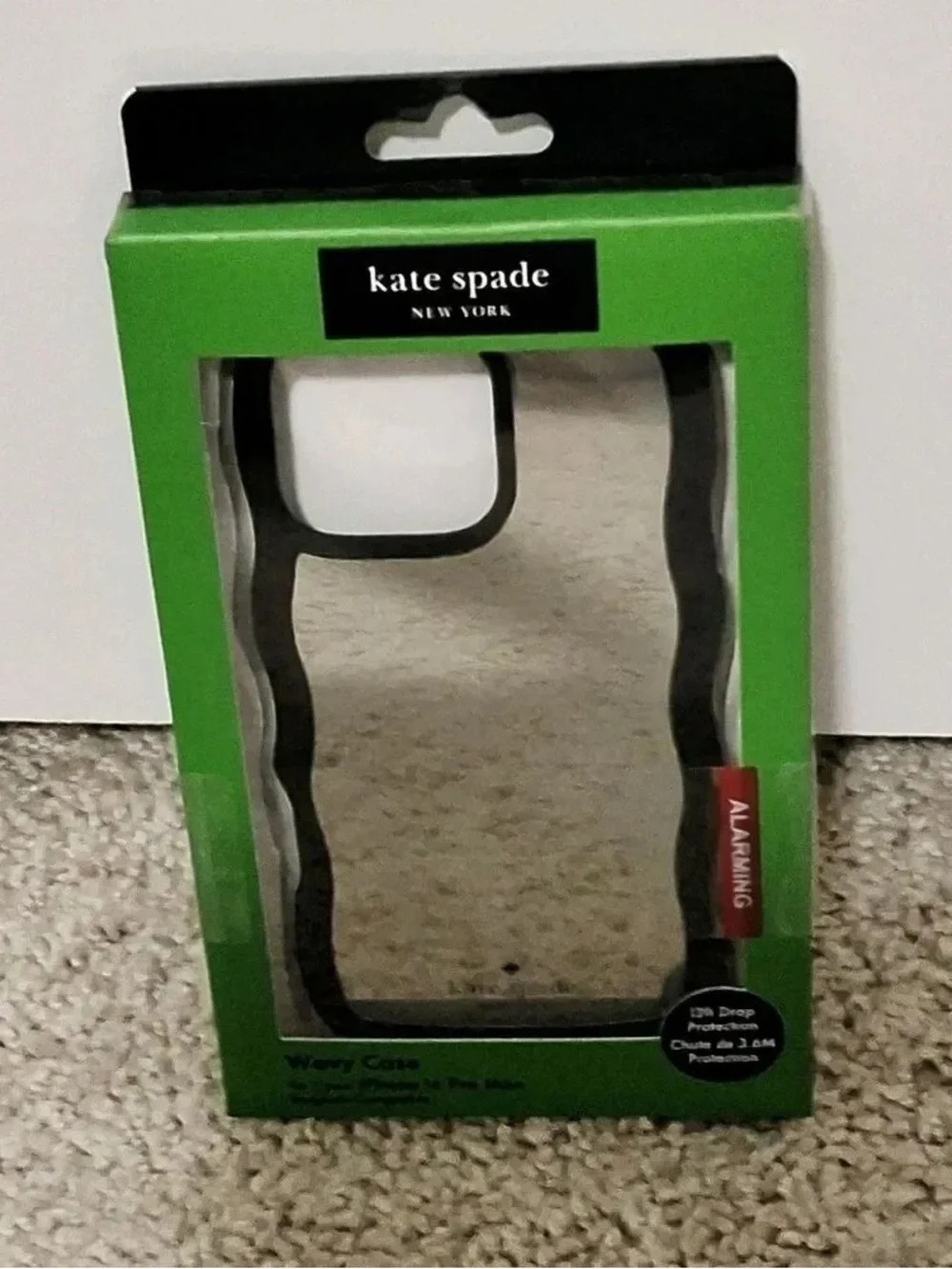 kate spade Clear iPhone Case with Black Scalloped Trim in Green Packaged Box